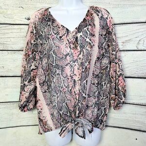 Ivory Medium Pink Snake Print Tie Front Blouse M
